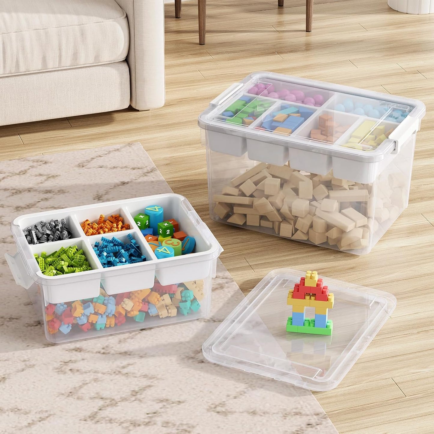 40Qt Stackable Storage Bins with Lids & Trays, Clear Plastic Latching Boxes Organizers with Dividers Portable 10Gal Containers for Arts & Crafts, Home and Car Trunk Organization, 2Pack