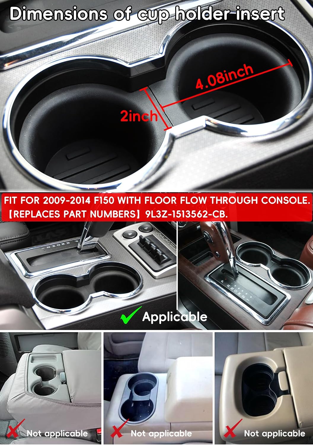 Front Console Cup Holder Inserts Replacement Compatible with Ford F150 2009-2014 with Flow Through Console 9L3Z-1513562-CB (2pcs)