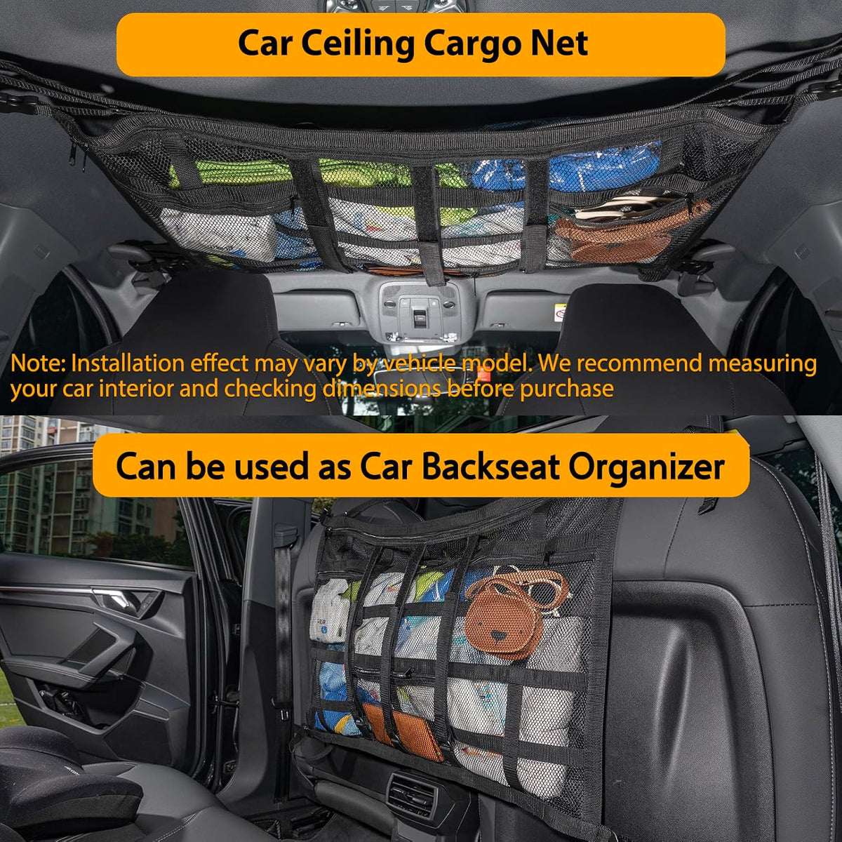 Car Ceiling Cargo Net with 3 Pockets,31.5"x21.6" Car Overhead Storage Mesh Organizer,Double Layer Roof Mesh Camping Overlanding Gear Must Haves Cargo Net,Road Trip Essentials (31.5"x 21.6")