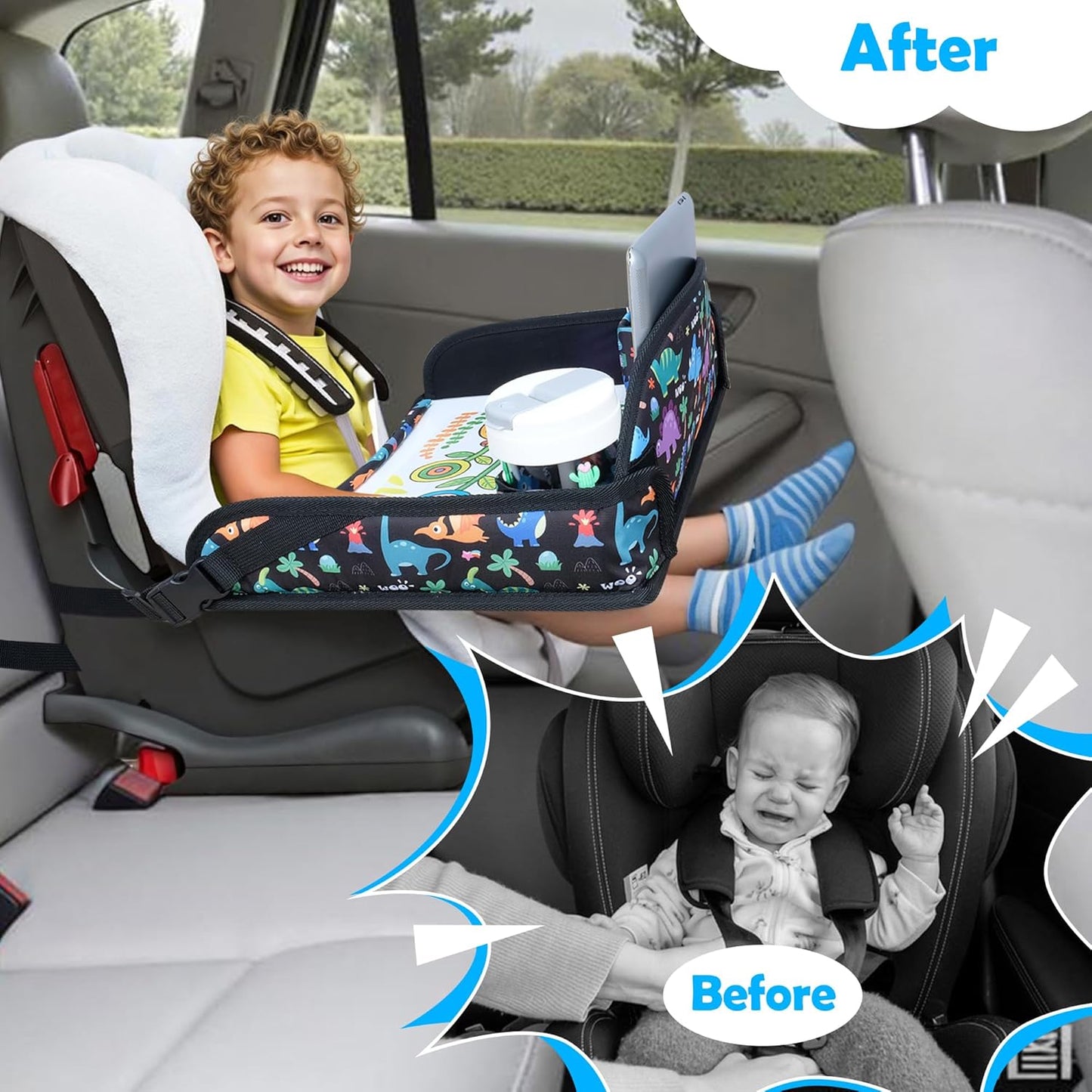 2Pcs Kids Travel Tray for Toddler Carseat, Road Trip Activities Essentials for Toddler, Kids Lap Desk Tray with Tablet Holder Stand ＆ Dry Erase Board (Dinosaur & Mermaid)