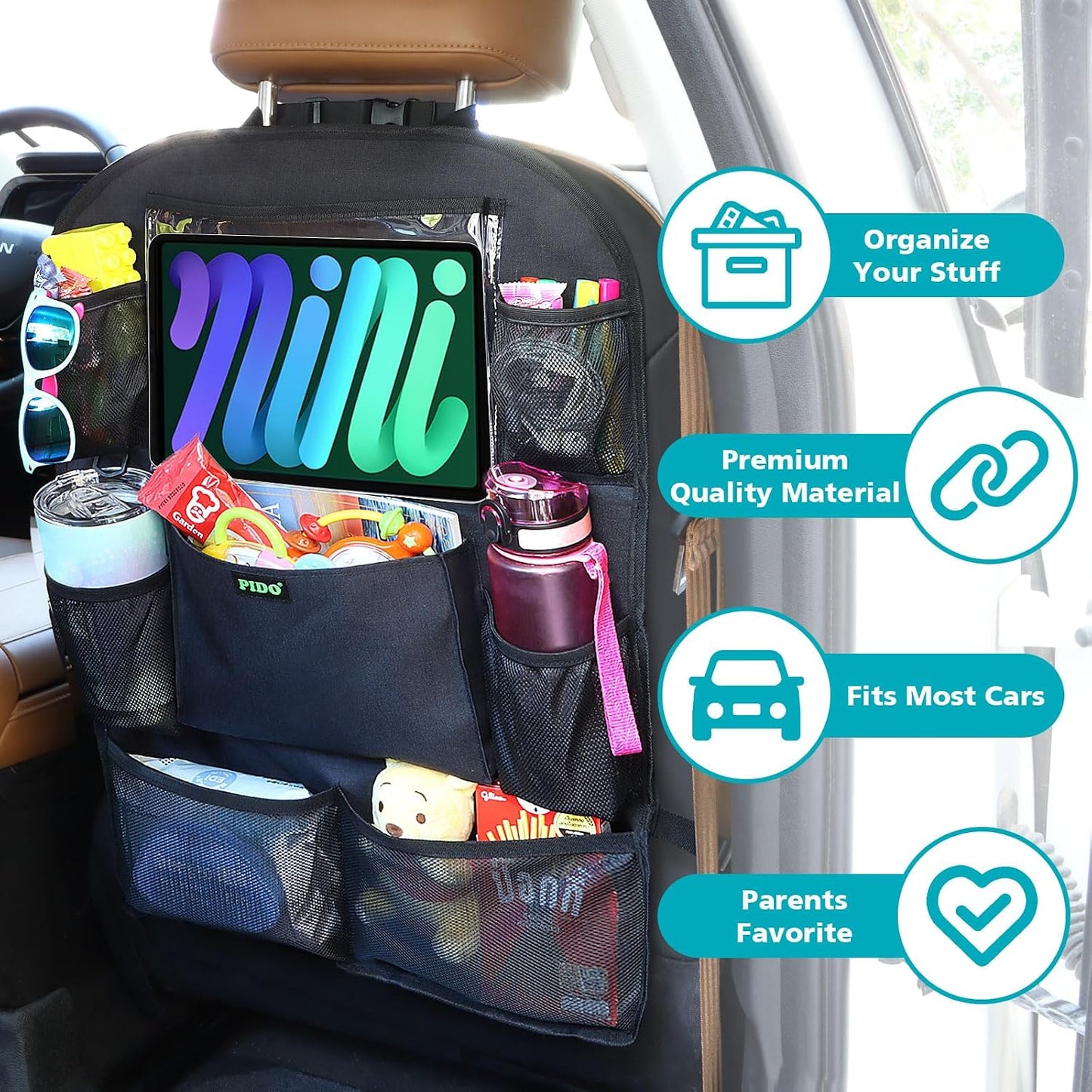 PIDO Backseat Car Organizer, 2 Pack Car Seat Organizer for Kids with Touch Screen Tablet Holder and 8 Pockets, Automotive Seat Back Kick Mat Made with Heavy Duty Fabric, Road Trip Essentials, Black