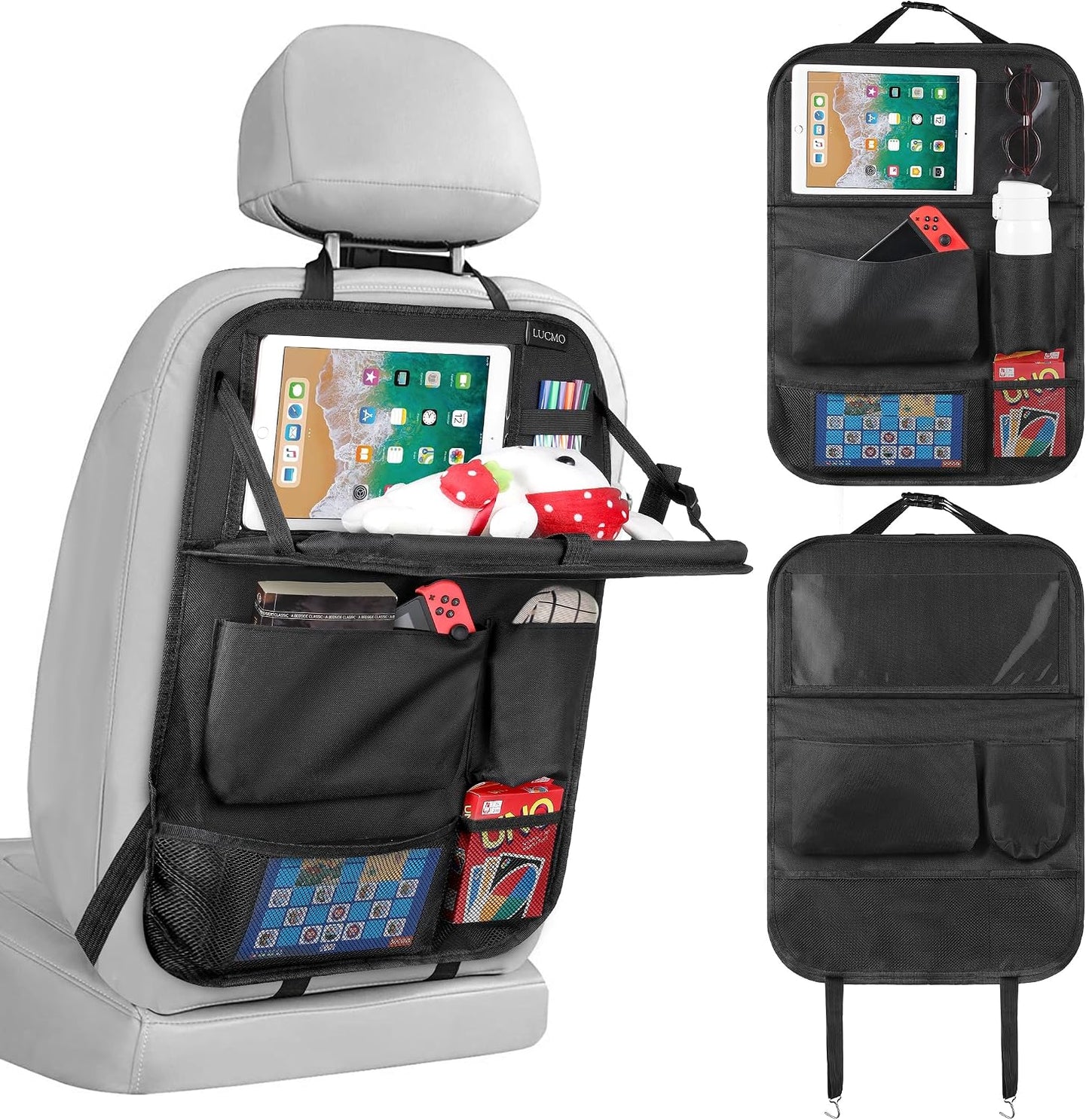 LUCMO Car Backseat Organizer with Foldable Tablet Holder, Black | 6 Storage Pockets,Foldable Food Tray,Protectors Kick Mats,Travel Accessories,Seat Cover,Road Trip Essentials