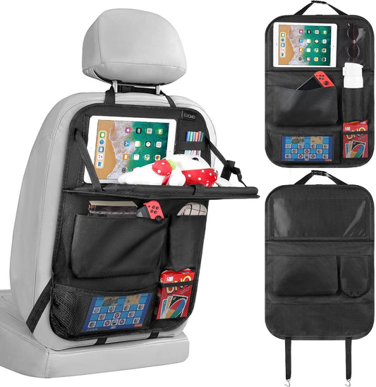 LUCMO Car Backseat Organizer with Foldable Tablet Holder, Black | 6 Storage Pockets,Foldable Food Tray,Protectors Kick Mats,Travel Accessories,Seat Cover,Road Trip Essentials