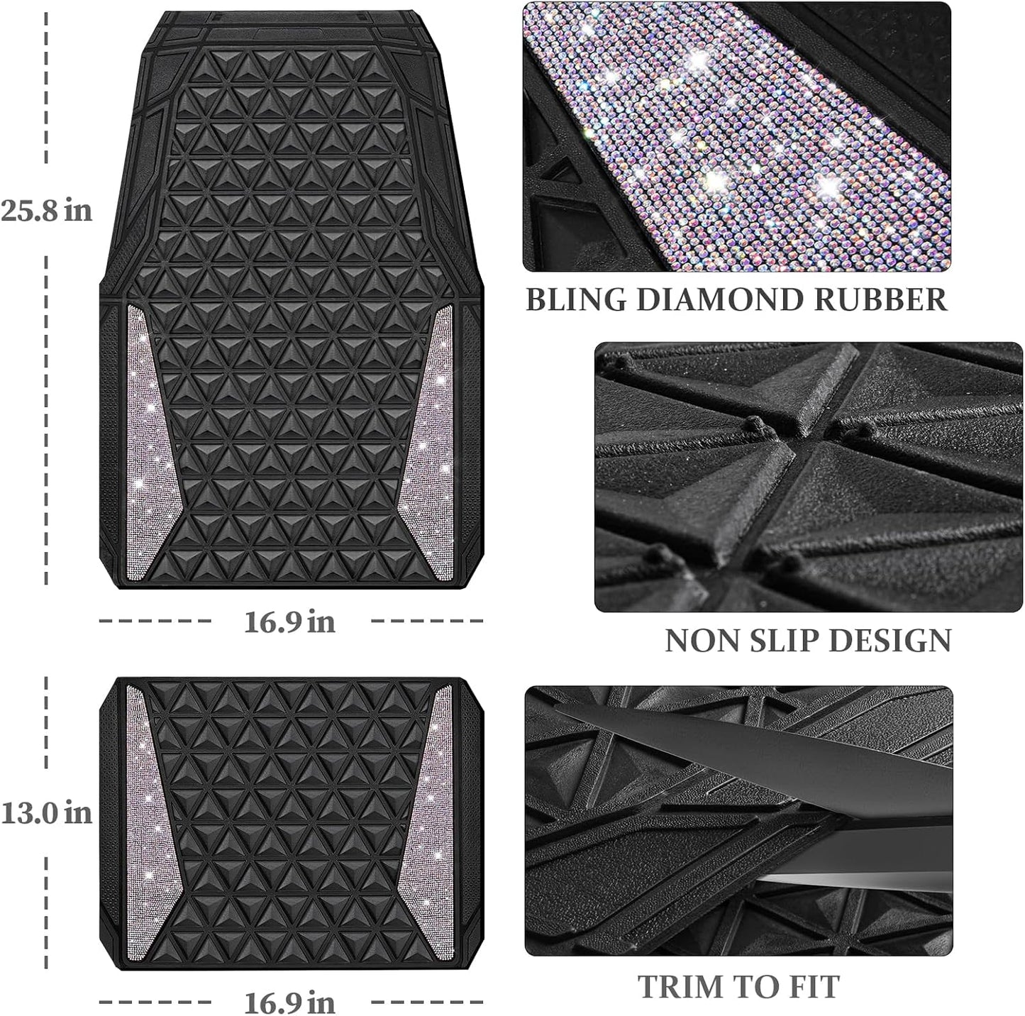 CAR PASS Bling Diamond Car Mats Rubber Floor Mats Full Set Anti-Slip 3D Rhombus Waterproof Trim Fit Liner Universal Glitter Crystal Sparkly Shining Rhinestone Girl Women SUV Sedan, Multicolor Diamond