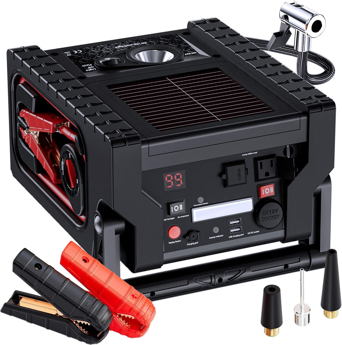 2000A Car Jump Starter with Air Compressor, Portable Power Station with 400W Inverter, 12V Battery Booster for Up to 8.5L Gas/Diesel Engines, Dual AC/DC/USB Outputs for Cars, Trucks, Camping (Black)