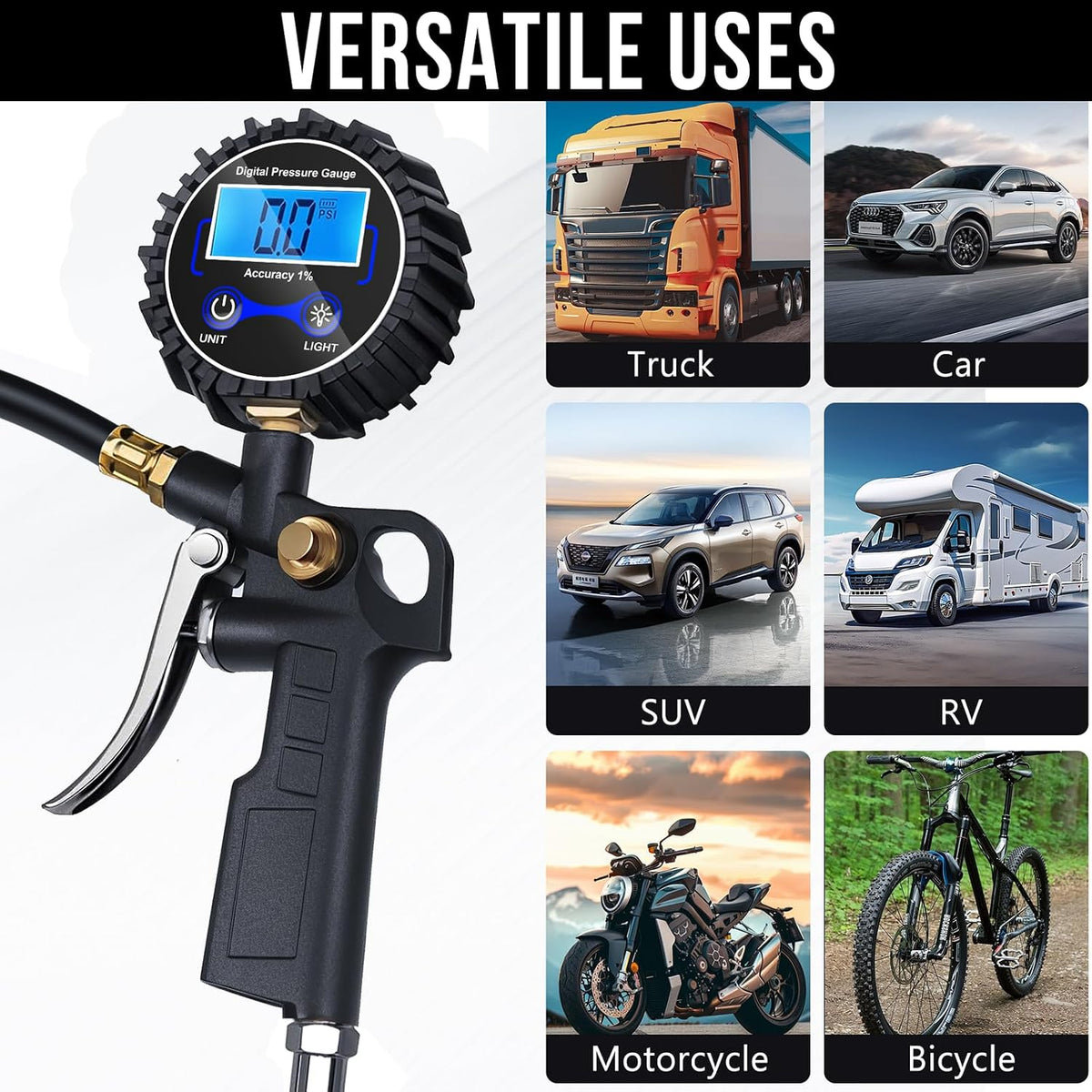 Digital Tire Pressure Gauge with Inflator for Car, 250 PSI