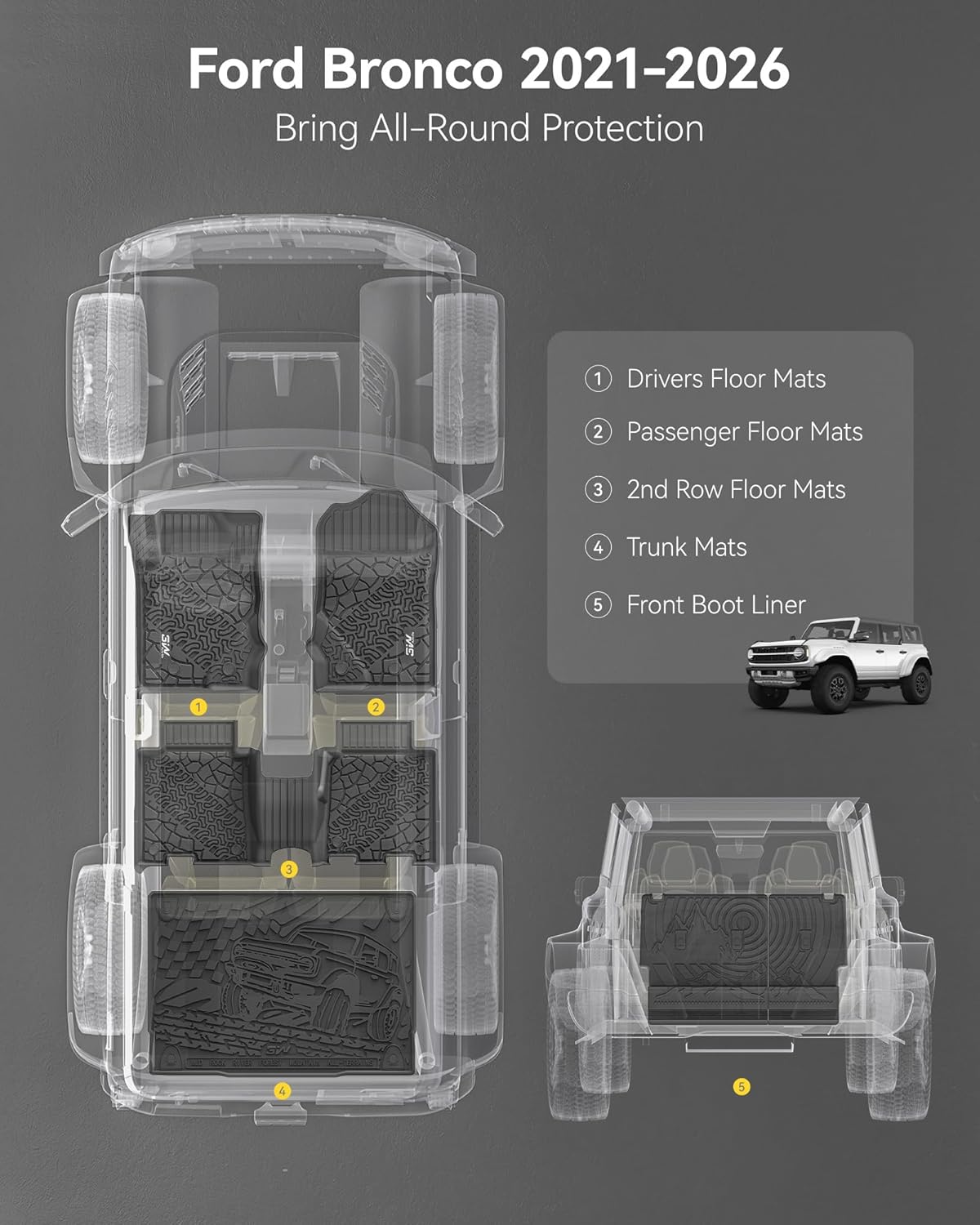 3W Ford Bronco Floor Mats & Cargo Liner & Back Seat Cover Custom Fit for 2021-2025 2026 Bronco 4 Door All Weather Custom Fit Ford Bronco Accessories (Not for Sport & Rubberized Floor)