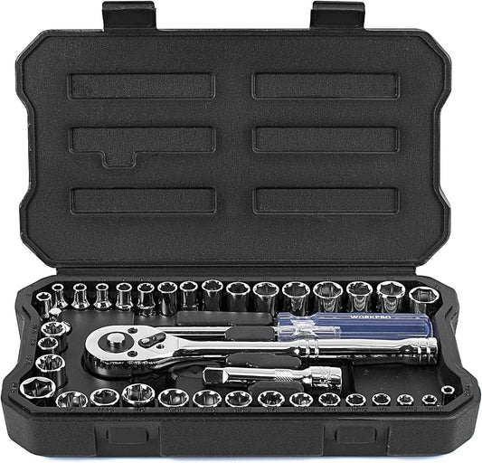 WORKPRO 39-Piece Drive Socket Set 1/4'' & 3/8'', CR-V Metric and SAE Sockets with Quick-Release Ratchet Wrench, Extension Bar, Spinner Handle & Adapter, Compact Mechanics Tool Set for Car Repair