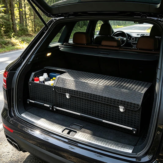 Leather Trunk Organizer, Waterproof Combination of Car Storage Organizer | 40.1*11.4*12.2in, Diamond-Pattern Leather, Heavy Duty, With Lid & Push-Pull Handle, for Groceries, Commute, Road Trips, Home