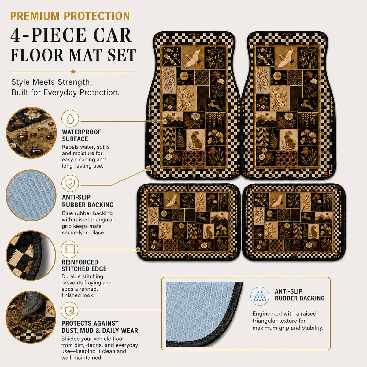Crane Oriental Patchwork Car Floor Mats 4 Piece Set, Checker Flora Universal Auto Floor Mats for Cars SUVs Trucks, Non-Slip Easy Clean Durable All-Weather Interior Mats