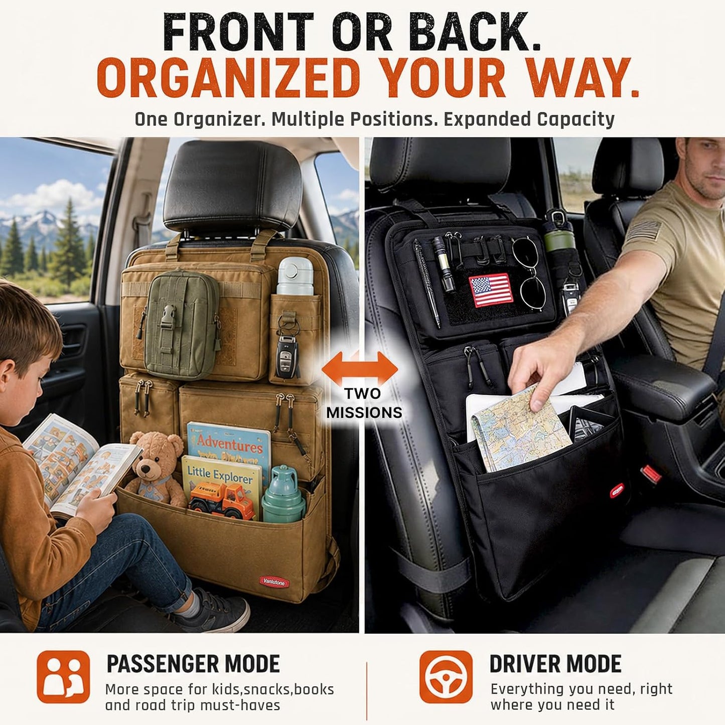 Tactical Seat Back Organizer Heavy Duty MOLLE Panel Organizer with Multiple Pockets & Hook Loop Panel for EDC Gear, Road Trip Essentials, Universal Fit for Car SUV Truck Jeep (Mud)