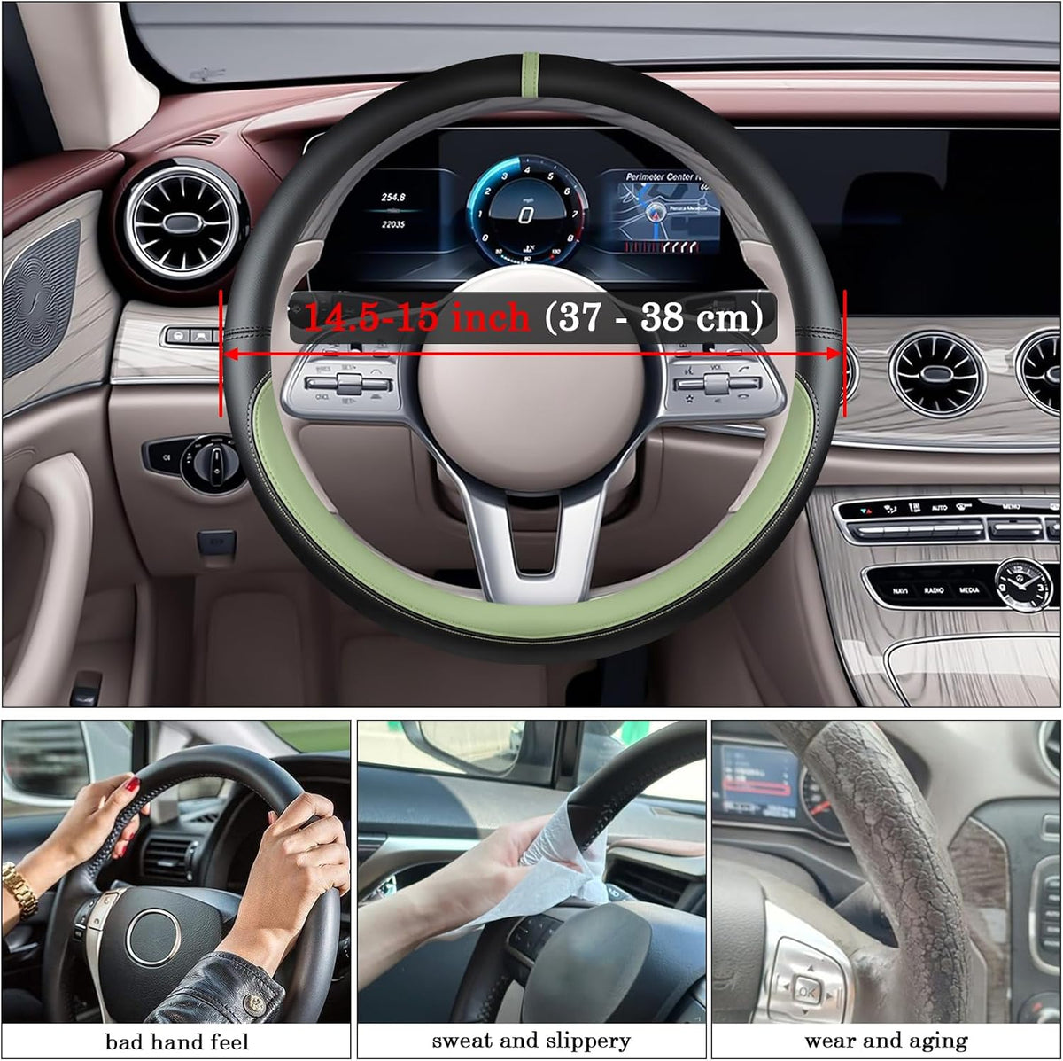 Black Avocado Green Car Steering Wheel Cover, Nappa Leather, Bottom Color Blocking, Universal 14.5-15 Inch Leather Anti-Slip Breathable Auto Steering Wheel Covers for Men Women