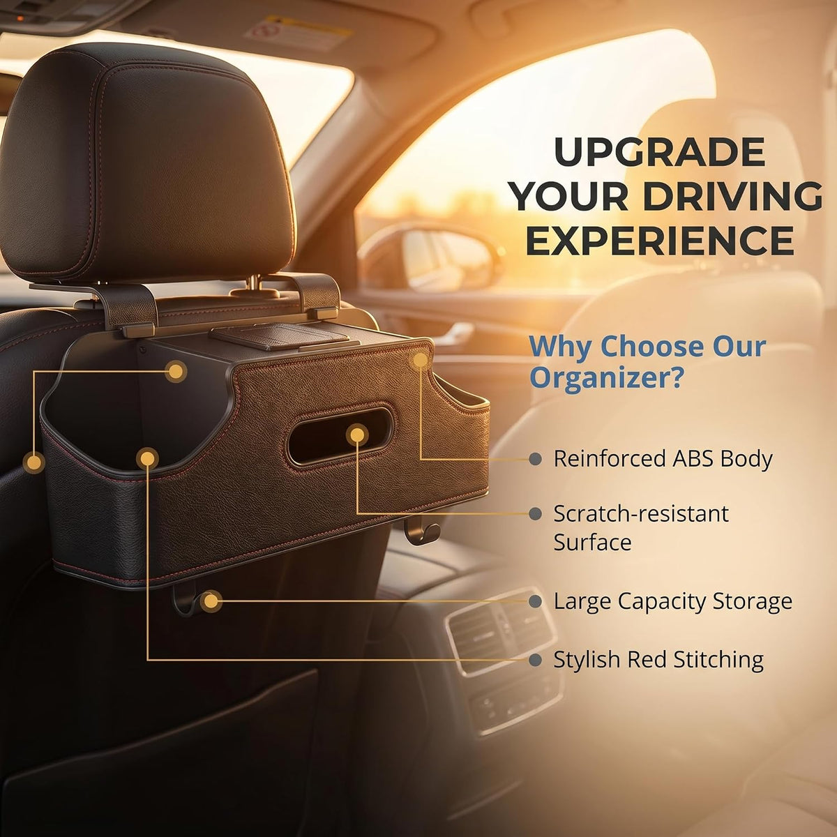1 PC Car Seat Back Organizer, Multi-Function Tissue Storage Box with 2 Drink Cup Holders, Hanging Kids and Travel Accessories, Universal for Water Cup Phone Umbrella Bag (Black)