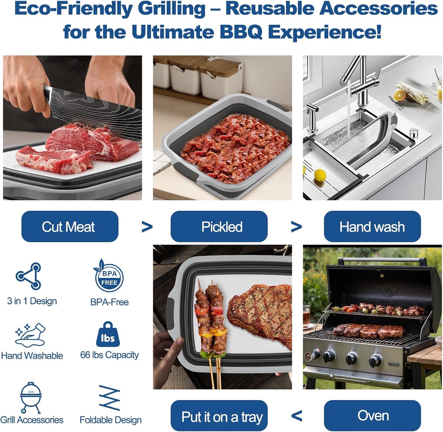 BBQ Prep Tub Collapsible with Cutting Board & Lid XXL 7.95 Gal / 66 lb Meat Marinating Basin & Barbecue Utensils - Grill Carry System - Outdoor - Gift for World Cup 2026