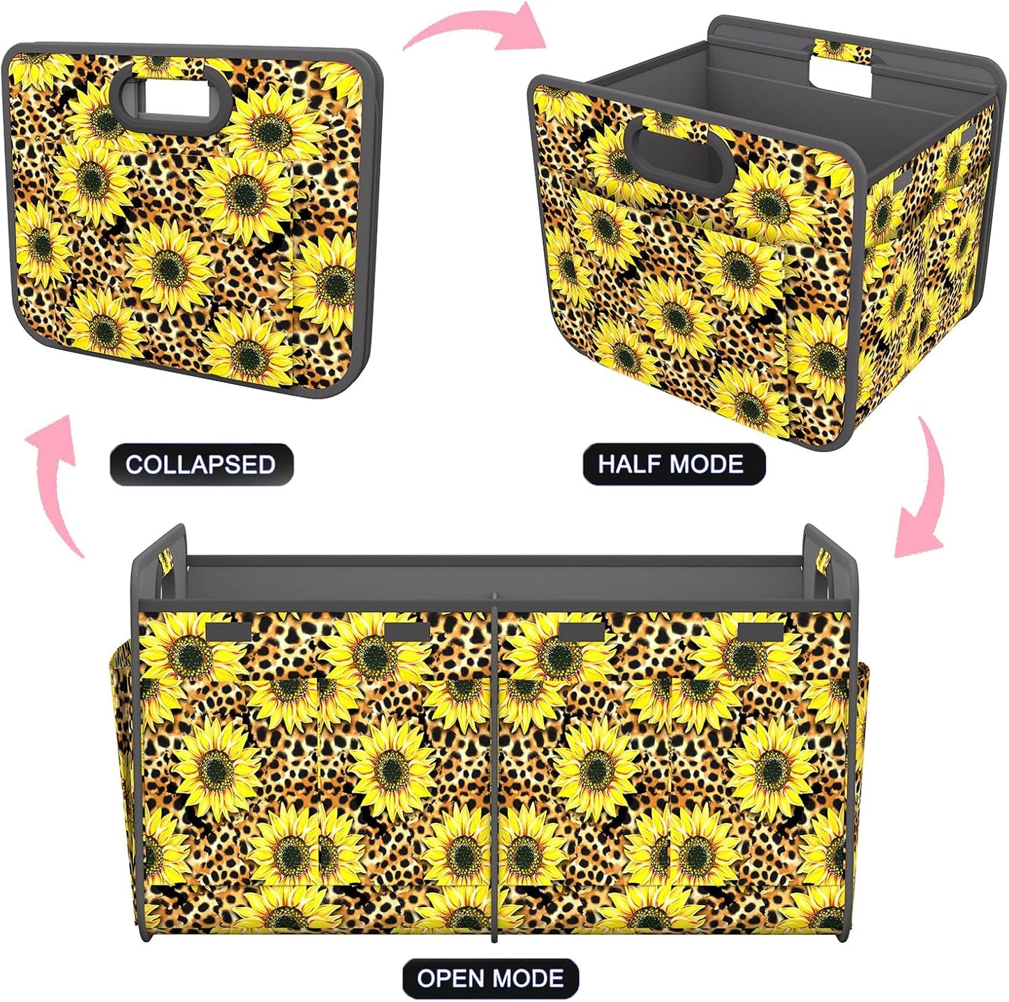 Homeve Car Trunk Organizer for SUV, 18.5Gal Large Capacity No-Sag Heavy Duty, Foldable Waterproof Anti-Slip Storage with 12 Pockets, Fit Sedan, Truck, Universal Car Accessories,Sunflower Leopard Print