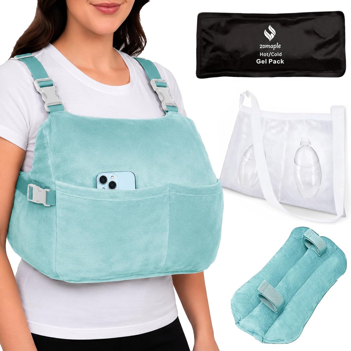 Zomaple Mastectomy Recovery Pillow with Strap, Gel Pack, Seat Belt Cover & Shower Lanyard – Post-Op Essentials, Breast Augmentation/Reduction & Recovery Supplies – Washable Cover for Comfort & Support
