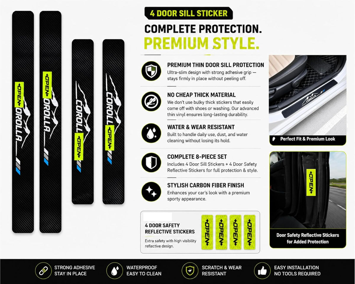 Corolla Sticker Door Sill Protector Compatible with Toyota Corolla Accessories | Carbon Fiber Scratch Guard (4 Door Sill Protectors Including 4 Reflective Door Stickers)
