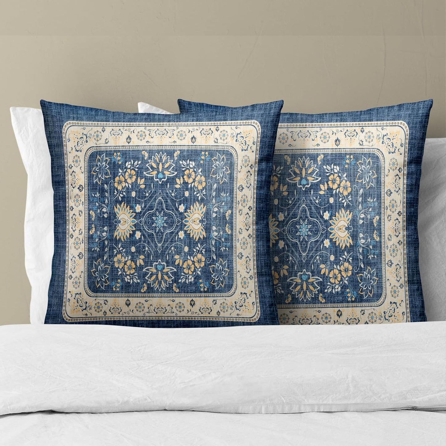 Giwawa Blue Boho Throw Pillow Covers 16x16 Inch Ethnic Floral Decorative Pillow Cases Set of 2 Square Cushion Covers for Sofa Couch Outdoor Decor