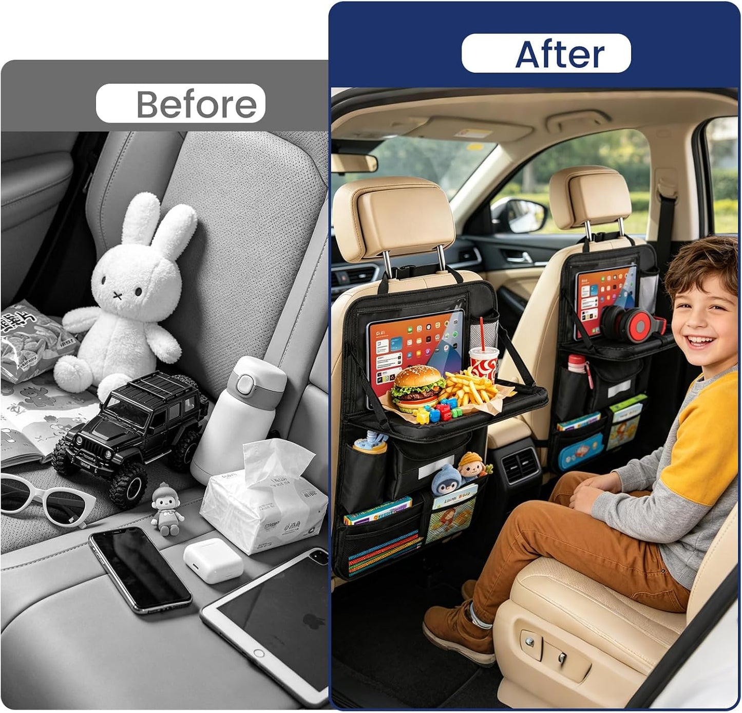MoKo Car Organizer Back Seat, Backseat Car Organizer with Foldable Table Tray, 8 Pockets, Back Seat Organizer with Transparent Tablet Pocket for Road Trip, 600D Oxford Cloth, 2 Pack, Black