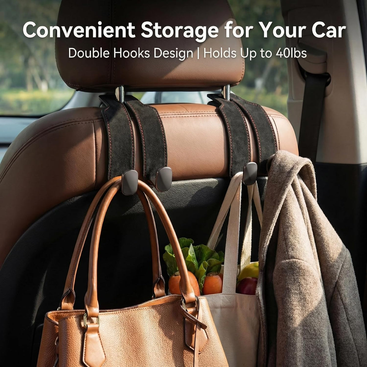 4Pack Headrest Hooks for Car Dual Hook Leather Metal Hanger,Black