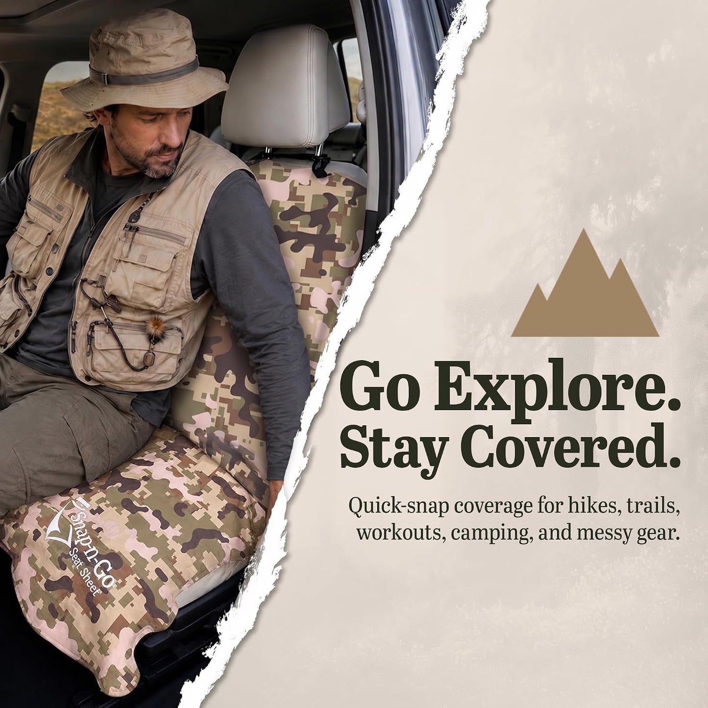Camo Car Seat Towel Cover for Outdoor Hiking Hunting Pets | Snap-n-Go Seat Sheet® Universal Fit on headrest posts, Washable, Quick-Dry Sweat Protector for Truck SUV Car Interior Protection, Camo Multi