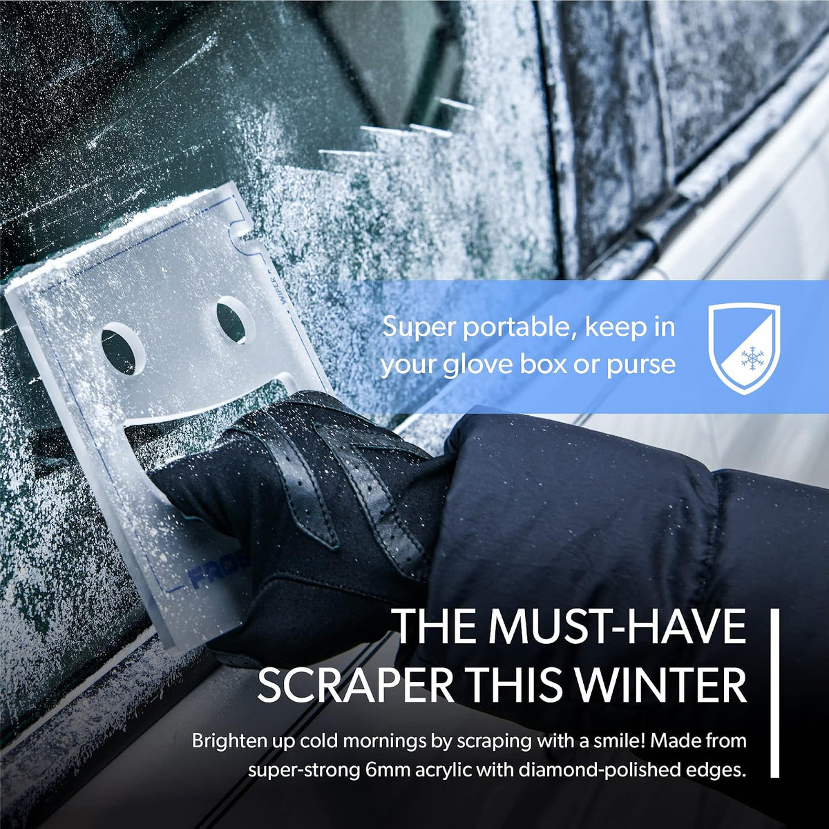 FrostGuard Scrape Buddy Car Ice Scraper Scrape with a Smile - Quickly Remove Frost, Ice and Snow from Your Vehicle Windows and Wiper Blades - Acrylic with Comfort Neoprene Sleeve - Clear Frost
