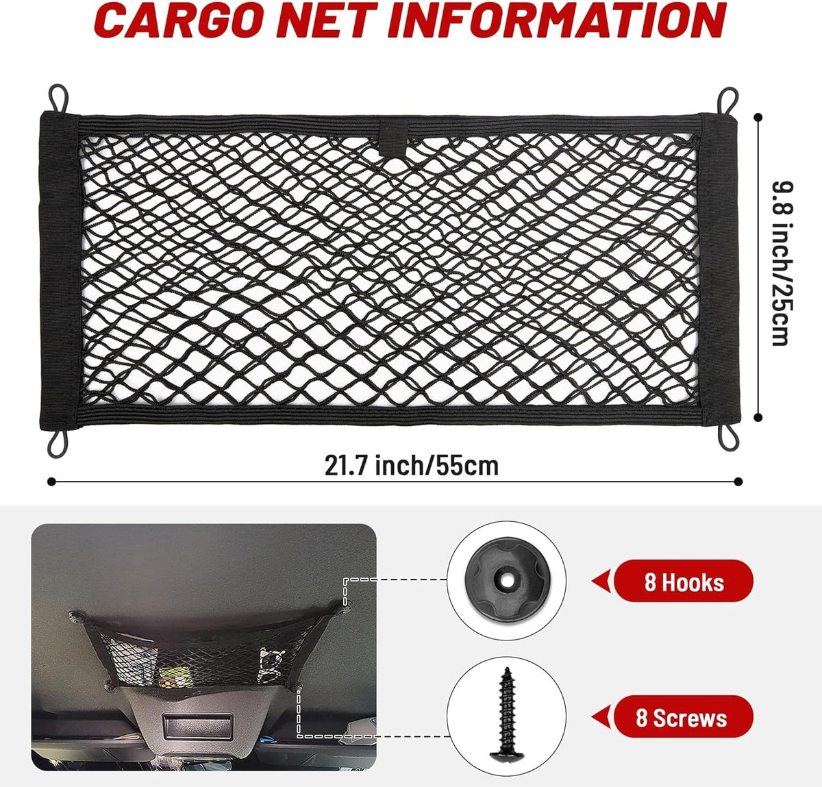 RED WOLF Universal Cargo Net Pocket Elastic Netting Car Mesh Pouch for Trunk RV Boats Home Cargo Storage with Screws and Hooks (21.7'' x 9.8'')