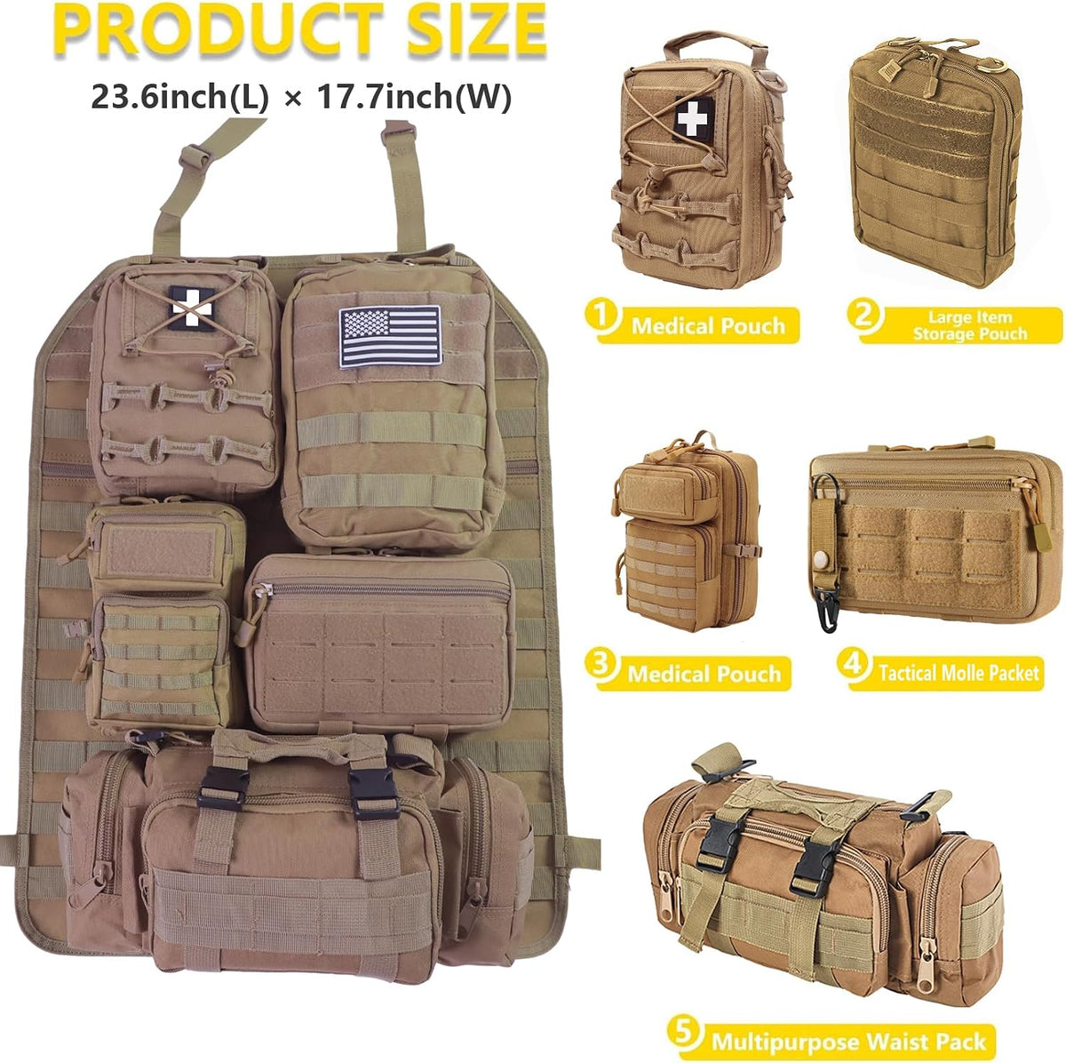 Universal Tactical Seat Back Organizer Vehicle Molle Panel Organizer Storage Bag with 5 Detachable Molle Pouch for All Vehicel Such as Jeep,Truck,SUV, Car, Ford,Chevy etc