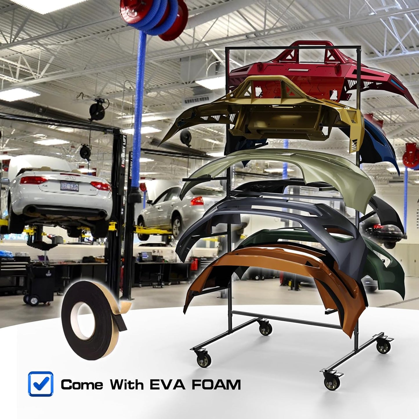 Double Sided Bumper Storage Rack With Adjustable Design Maximize Space Utilization 4 Inch Swivel Caster Allow Floor Mobile Smooth Maneuverability