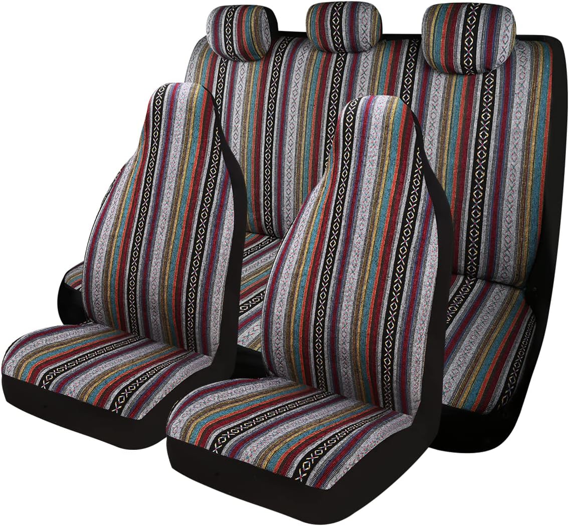 Baja Saddle Blanket Car Seat Covers 7PCS Full Set, Breathable and Washable Striped Woven Automotive Vehicle Seat Cover, Universal Seat Cover for Sedan, SUV, Airbag Compatible