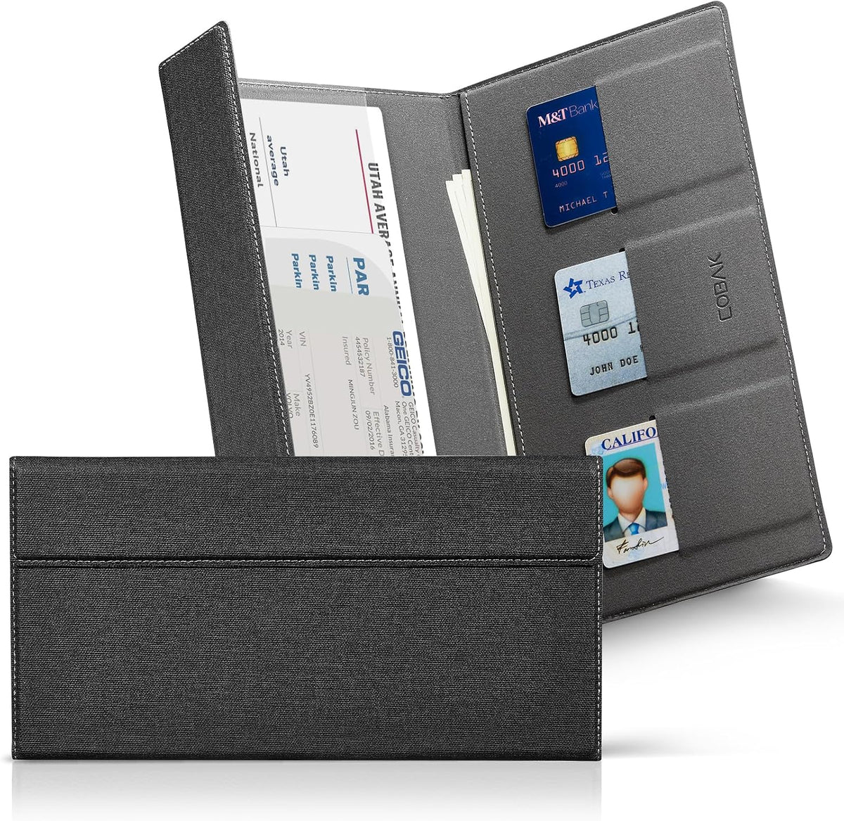 CoBak Leather Car Registration and Insurance Holder with Magnetic Compartment - Vehicle Glove Box Organizer for Driver License, Cards, Emergency Cash - Auto Truck Accessories Case, Cloth Black