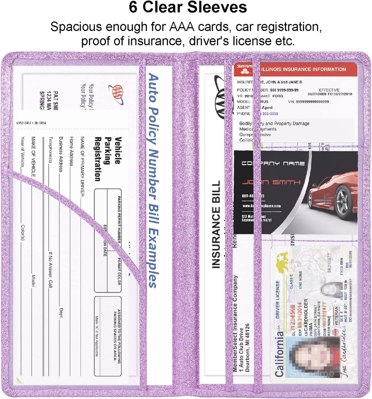 Leather Car Registration and Insurance Holder Magnetic Shut, Glitter Purple