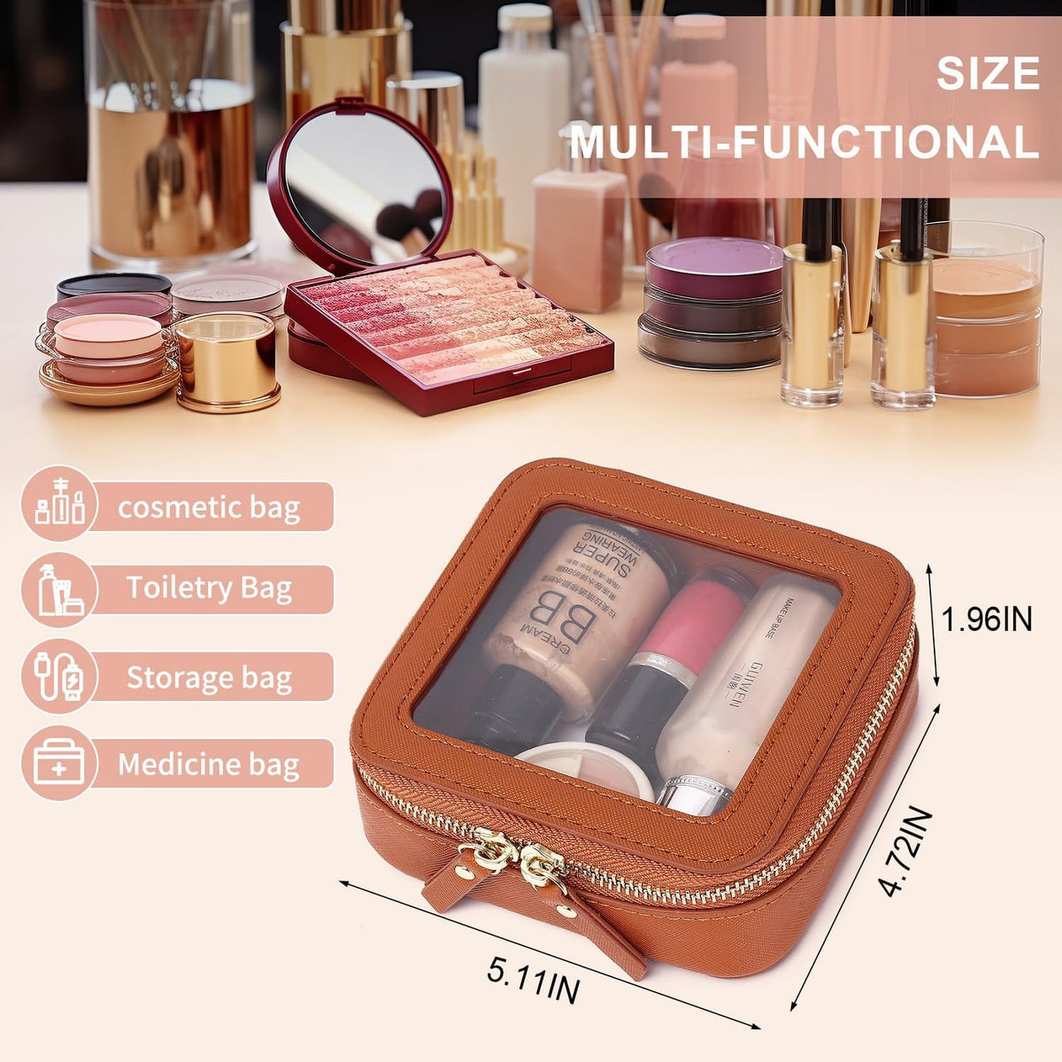 Pinkmik Small Clear Mini Makeup Bag, Brown, MINI-1