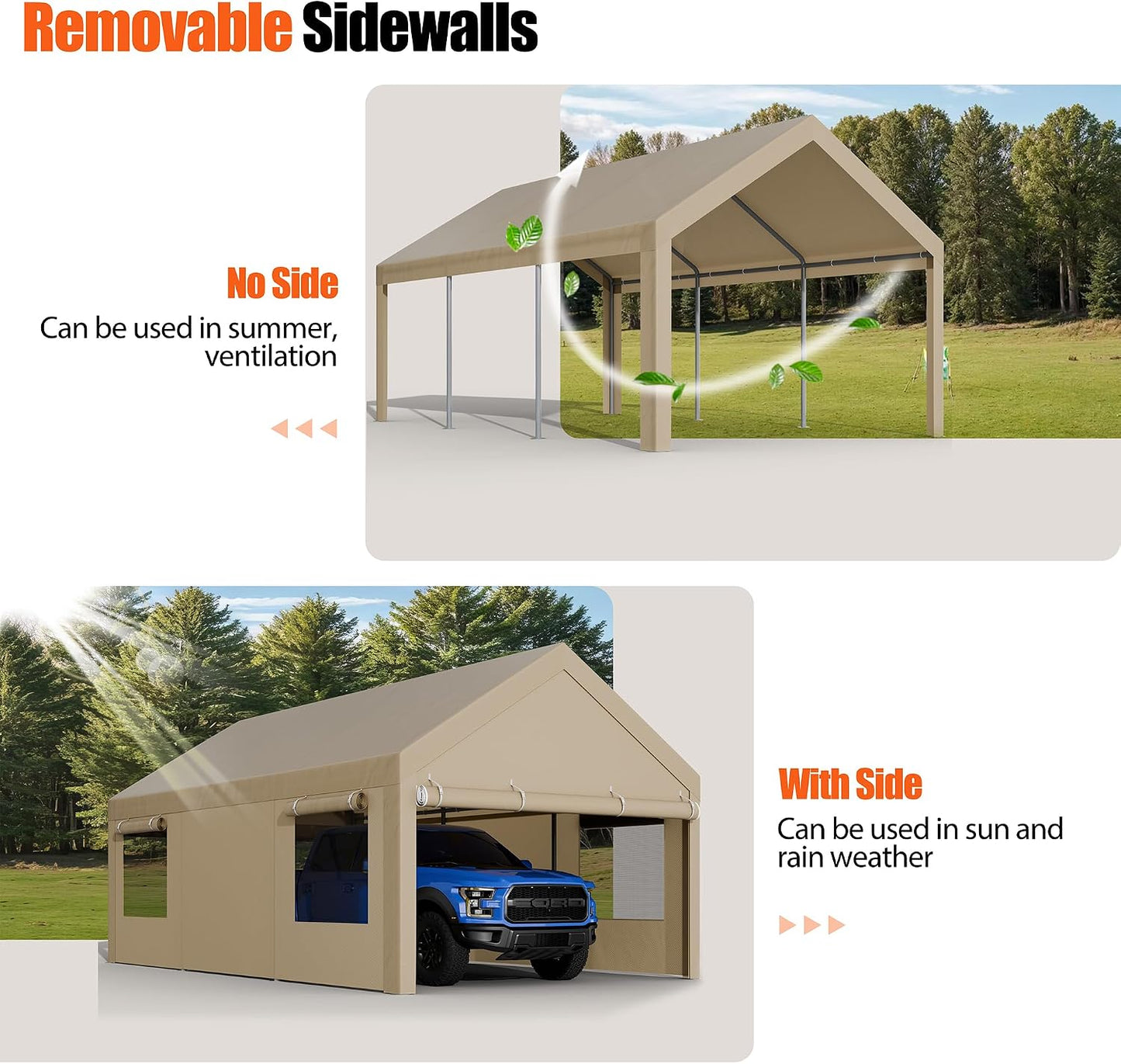 JAMFLY 12x20 ft Heavy Duty Carport with Roll-up Windows, Portable Garage with Removable Sidewalls & Doors, Car Canopy with Sandbags and All-Season Tarp for Car, Truck, Boat, Motorcycle, Khaki