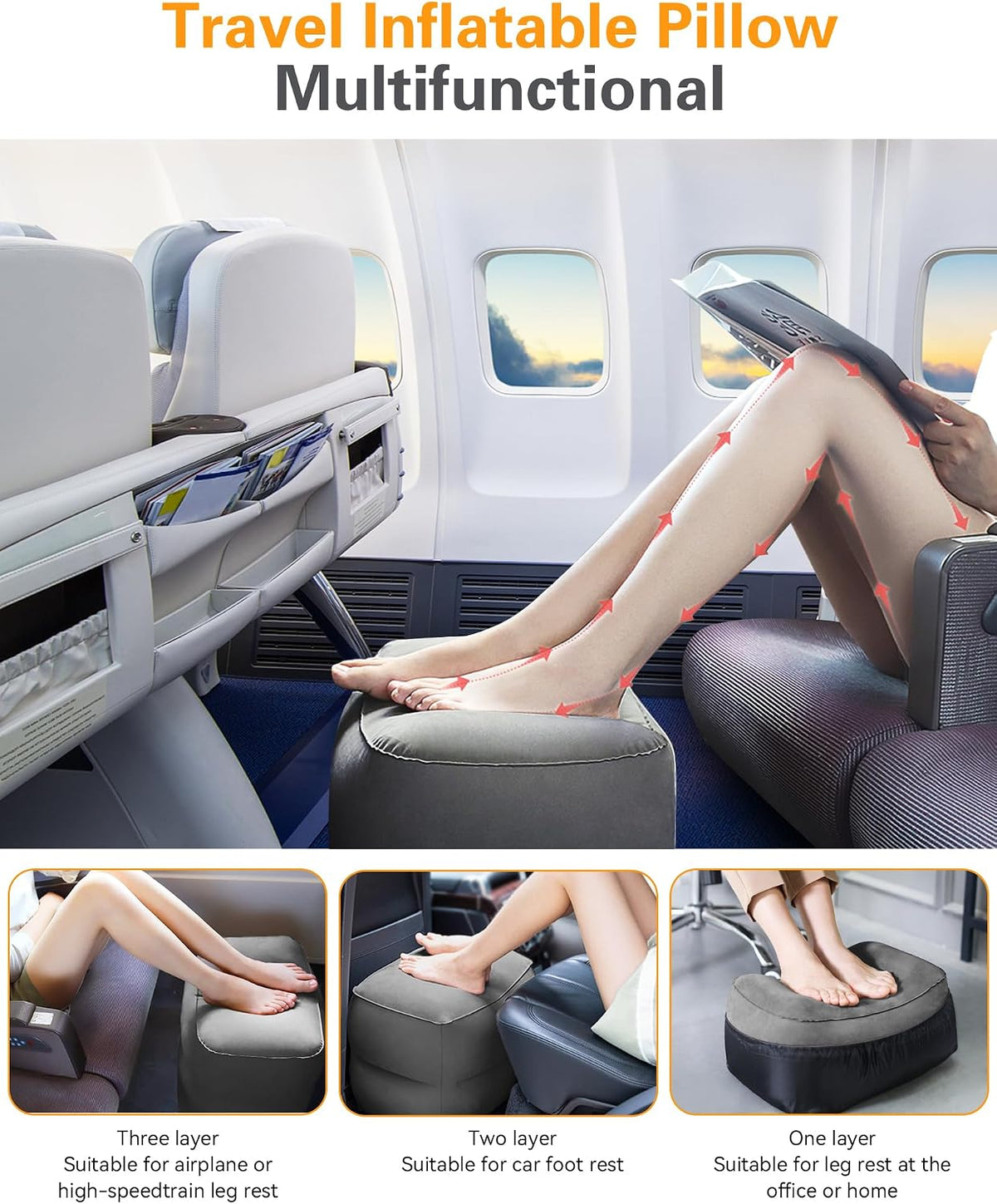 Sunany Inflatable Foot Rest Pillow for Airplane Travel, Adjustable Height for Kids/Adults to Sleep While Traveling, Suitable for Airplane, Office, Home, Trains, Cars and Any Travel（Dark Grey）