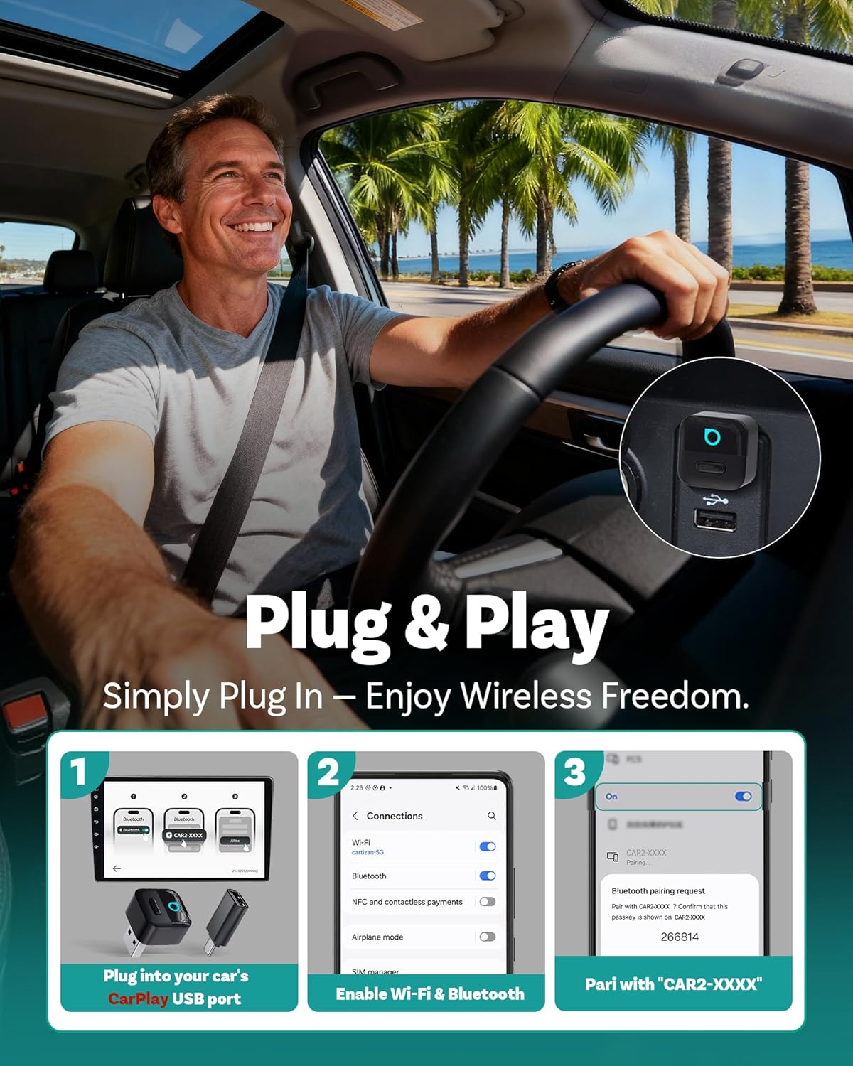 OTTOCAST Mini Pico Wireless CarPlay Adapter, No More Cables, Dual Phone Memory, One-Button Switch, Wi-Fi 6 &amp; Bluetooth 5.4
