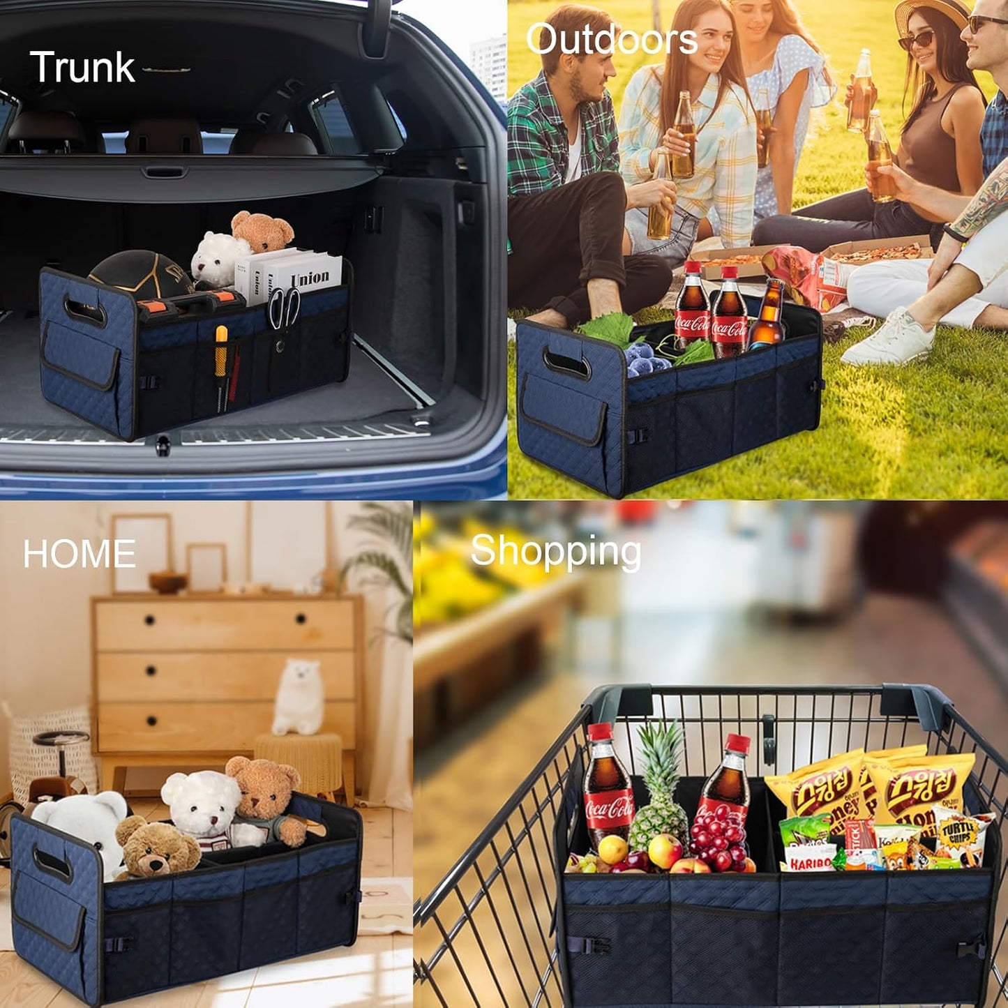 JiatuA Car Trunk Organizer for SUV, Car Storage Organizer Collapsible Multi Compartment Container Box, Adjustable Car Accessories for Women/Men, Dark Blue