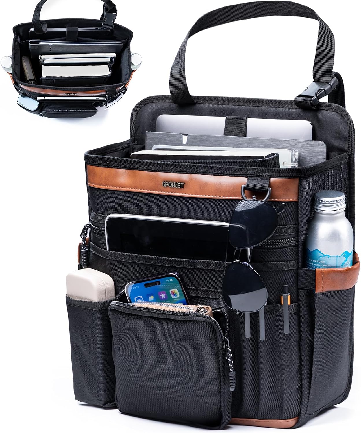 Car Seat Organizer with Lid and Laptop Compartment (Fits 15.6"), Front Seat Passenger Organizer with Adjustable Strap, Multiple Pockets, Portable Office Bag, Water-Resistant 1200D Polyester