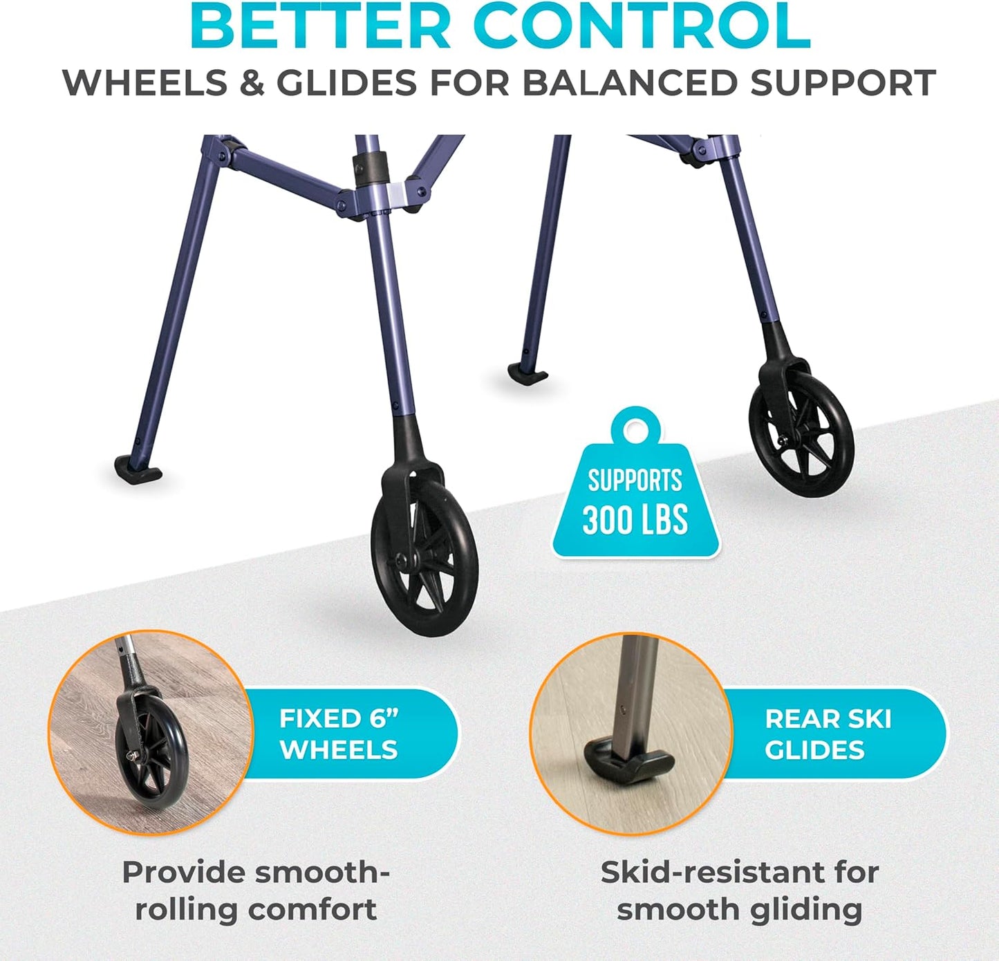 Stander Space Saver Walker, Lightweight Folding Rolling Mobility Aid for Seniors & Adults, Compact 2-Wheel Disability Device with 6-inch Wheels & Ski Glides for Walking Support, Cobalt Blue