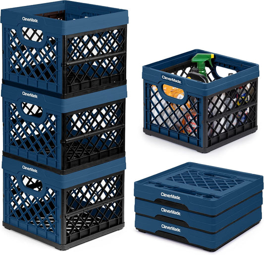 CleverMade Heavy Duty Collapsible Milk Crate, 25L, 3 Pack, 50 lb, Ocean | Stackable plastic storage crate with file rails for hanging folders and organizes garages, classrooms, offices and car trunks