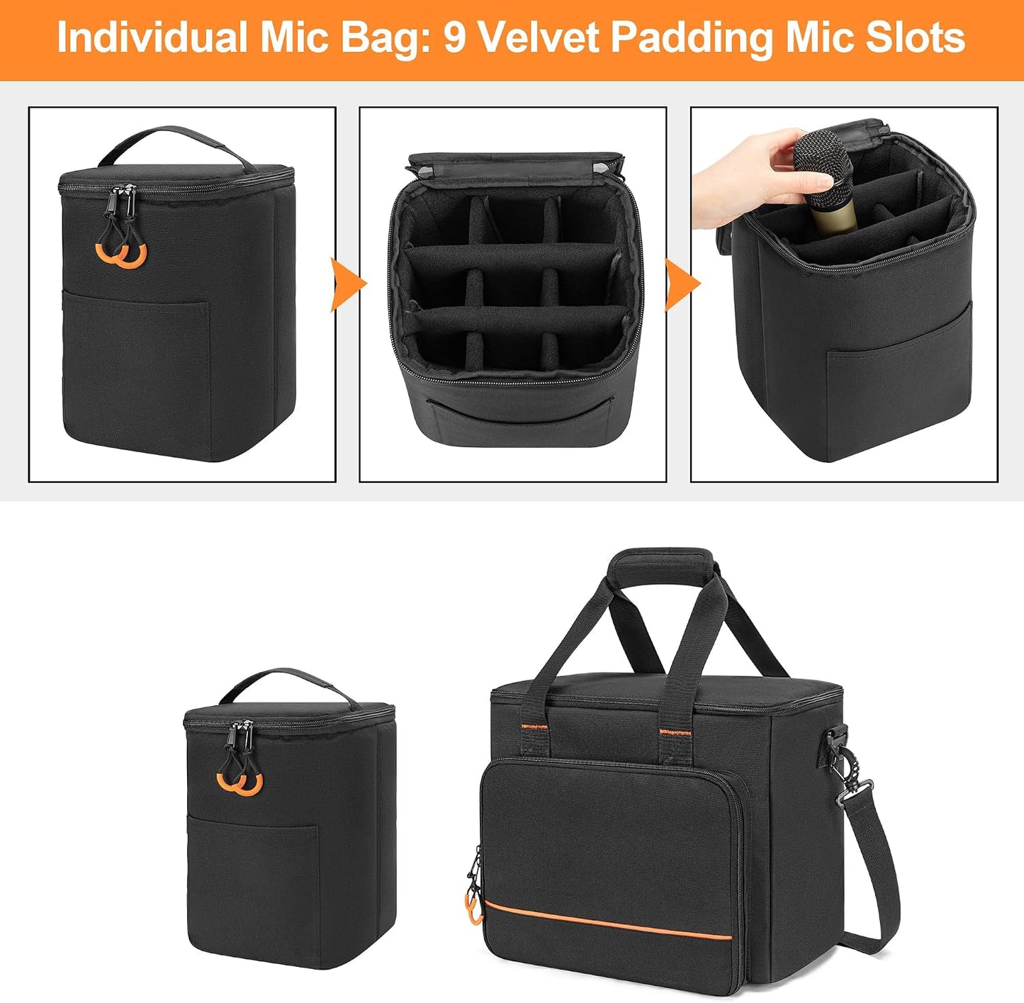PGmoon 9 Slots Wireless Microphone Case, Travel Bag for Handheld Mic System, Carrying Case for Singing, Karaoke, Party (Patent Design)