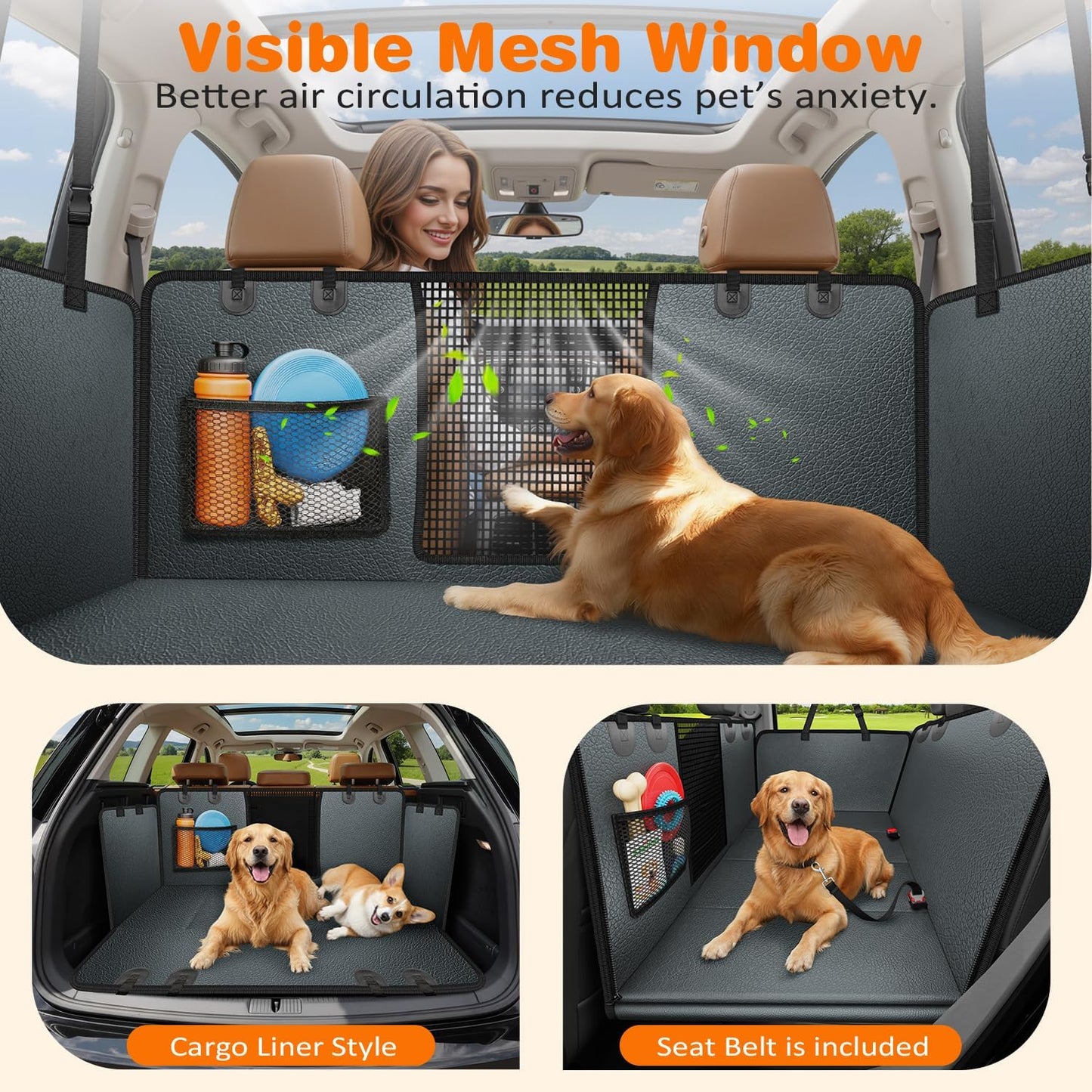 URPOWER PU Leather Backseat Extender for Dogs, Hard Bottom Dog Car Seat Cover for Back Seat, Holds 400 LBS, Waterproof Dog Car Hammock Anti-Scratch Pet Rear Seat Protector Travel Bed for Car and SUV