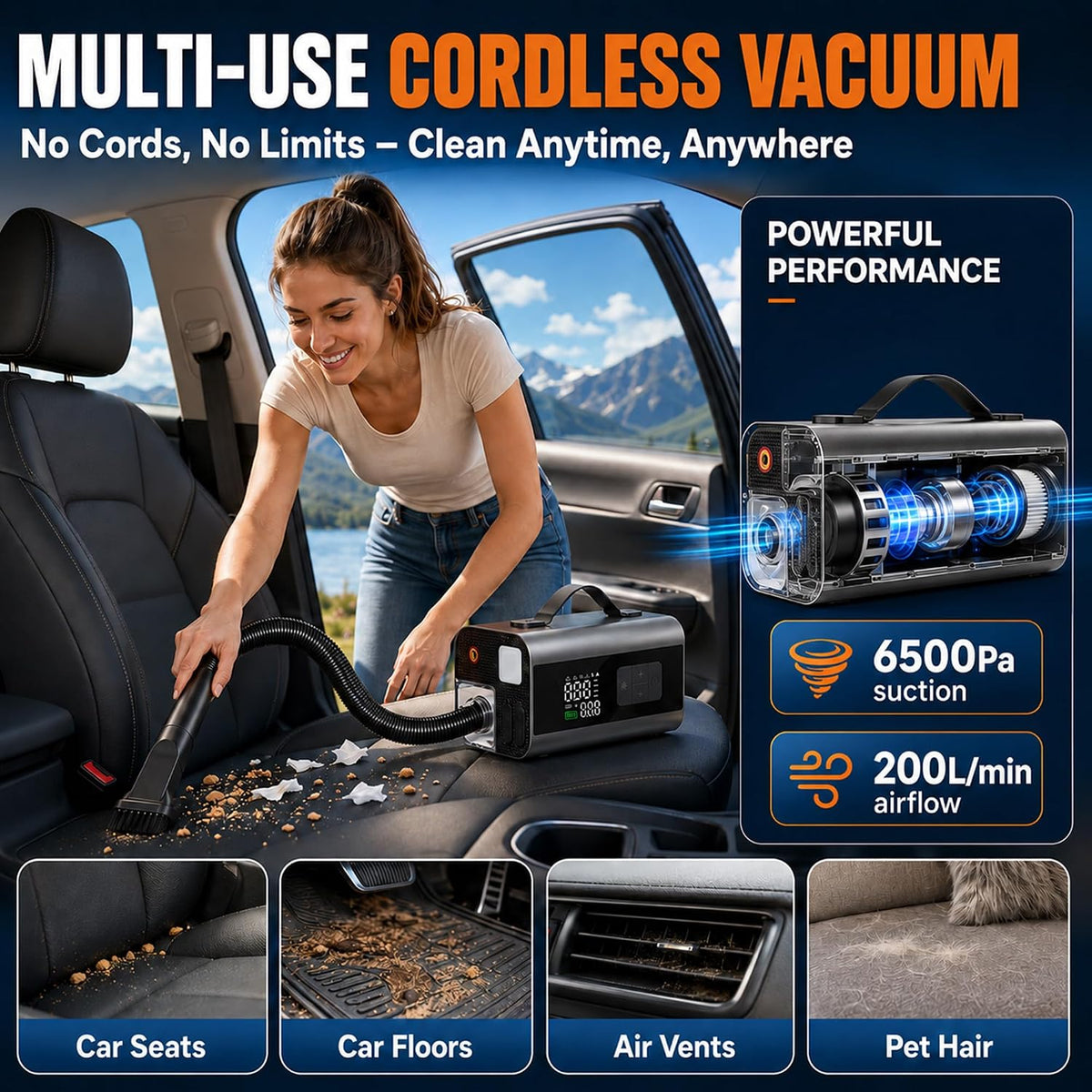 9000A Portable Car Battery Jump Starter with Air Compressor, 160PSI Tire Inflator, 6500Pa Car Vacuum & Air Blower, LED Light & Power Bank, Roadside Emergency for Family Travel, SUV, Truck