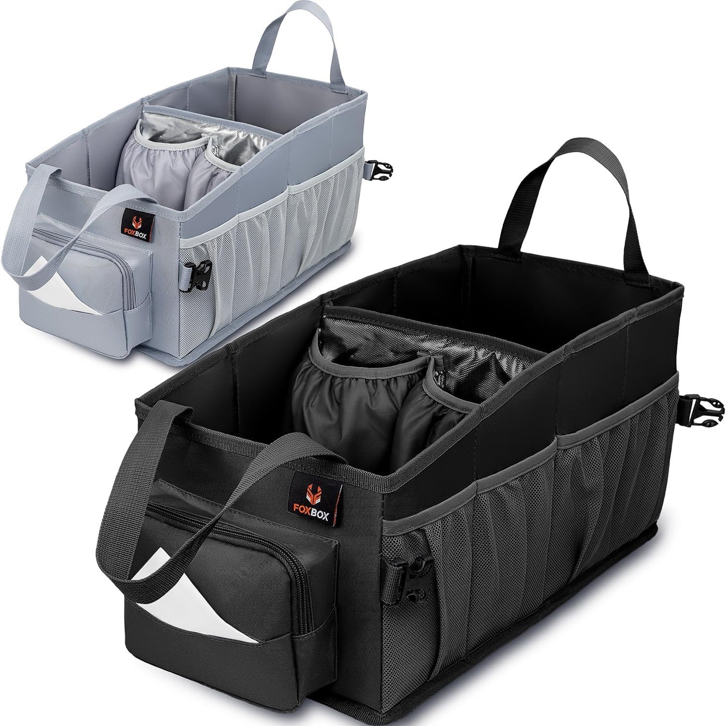 FoxBox Car Seat and Trunk Organizer, SUV Front or Back Seat Storage - Passenger Floor, Under or Between Seats Organization, Car Gifts for Men and Women (Black)