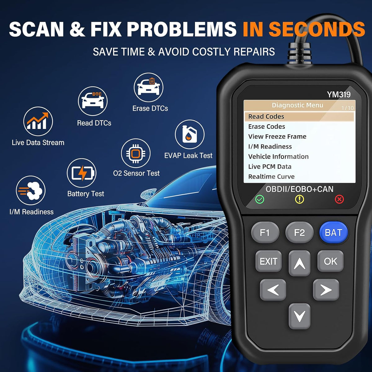 BluSon YM319 OBD2 Scanner Diagnostic Tool with Battery Tester, Scan Tool