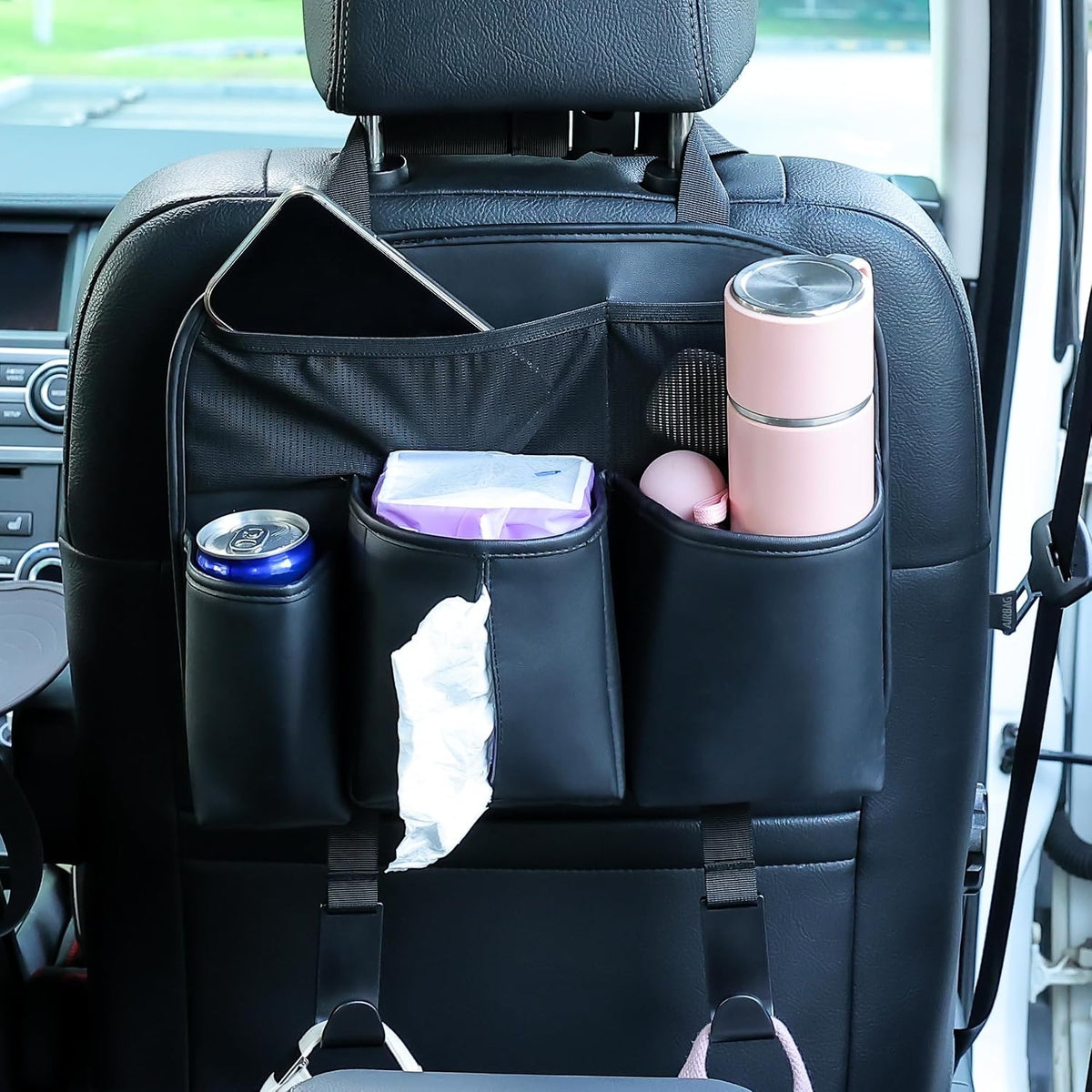 Amooca Car Backseat Organizer PU Leather Storage Bags Travel Accessories Large Pockets for Water Bottle Drink Tissue with Hooks