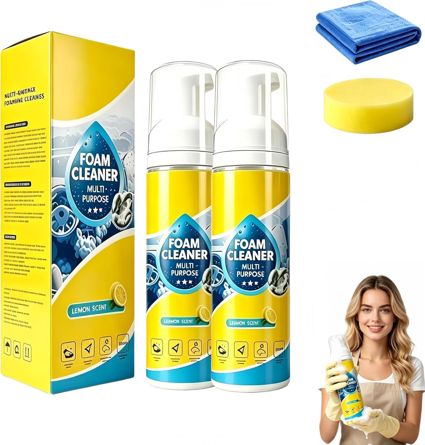 4-in-1 Multi-Enzyme Foam Cleaner, New Foam No-Rinse Cleaner, All Purpose Deep Cleaning Spray for Car Interior Kitchen Bathroom Sofa with Cleaning Sponge Towel(Regular, 2pcs)