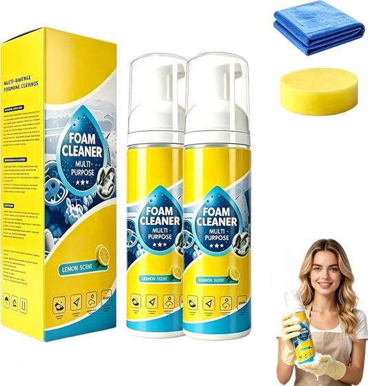 4-in-1 Multi-Enzyme Foam Cleaner, New Foam No-Rinse Cleaner, All Purpose Deep Cleaning Spray for Car Interior Kitchen Bathroom Sofa with Cleaning Sponge Towel(Regular, 2pcs)