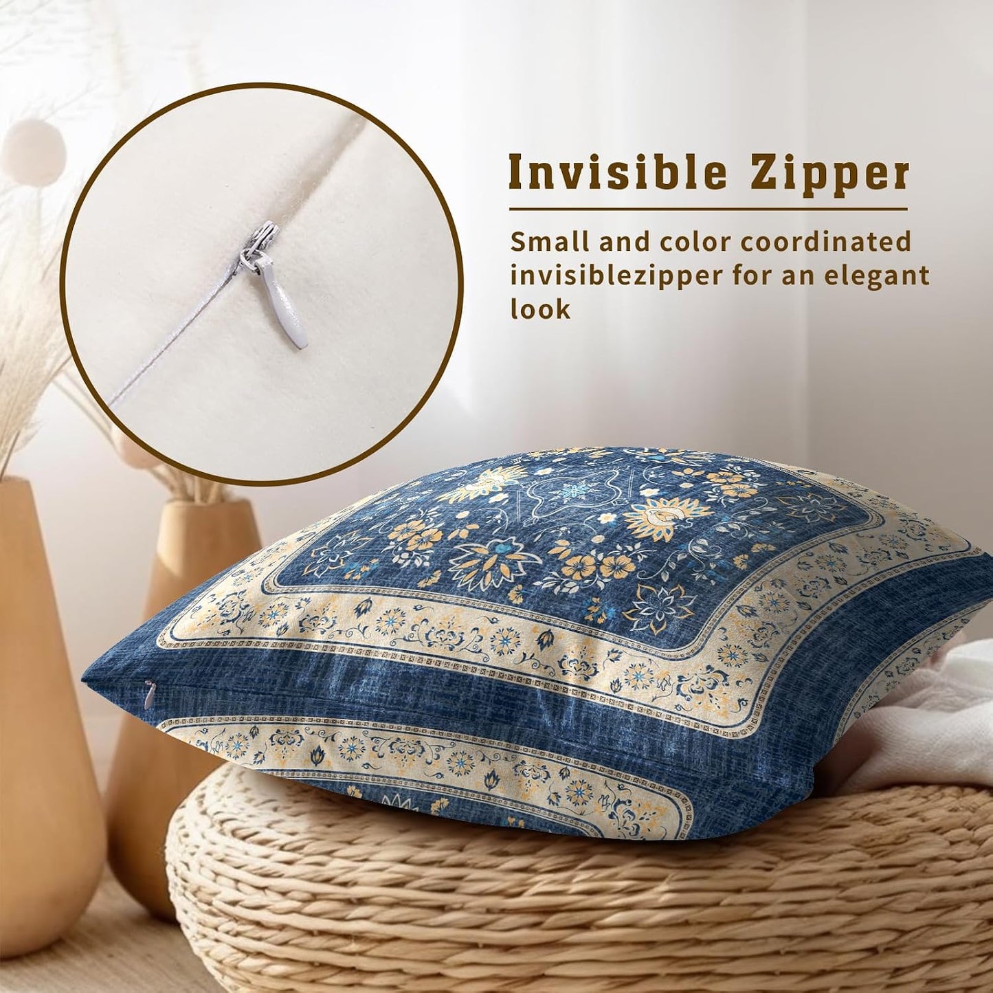 Giwawa Blue Boho Throw Pillow Covers 16x16 Inch Ethnic Floral Decorative Pillow Cases Set of 2 Square Cushion Covers for Sofa Couch Outdoor Decor