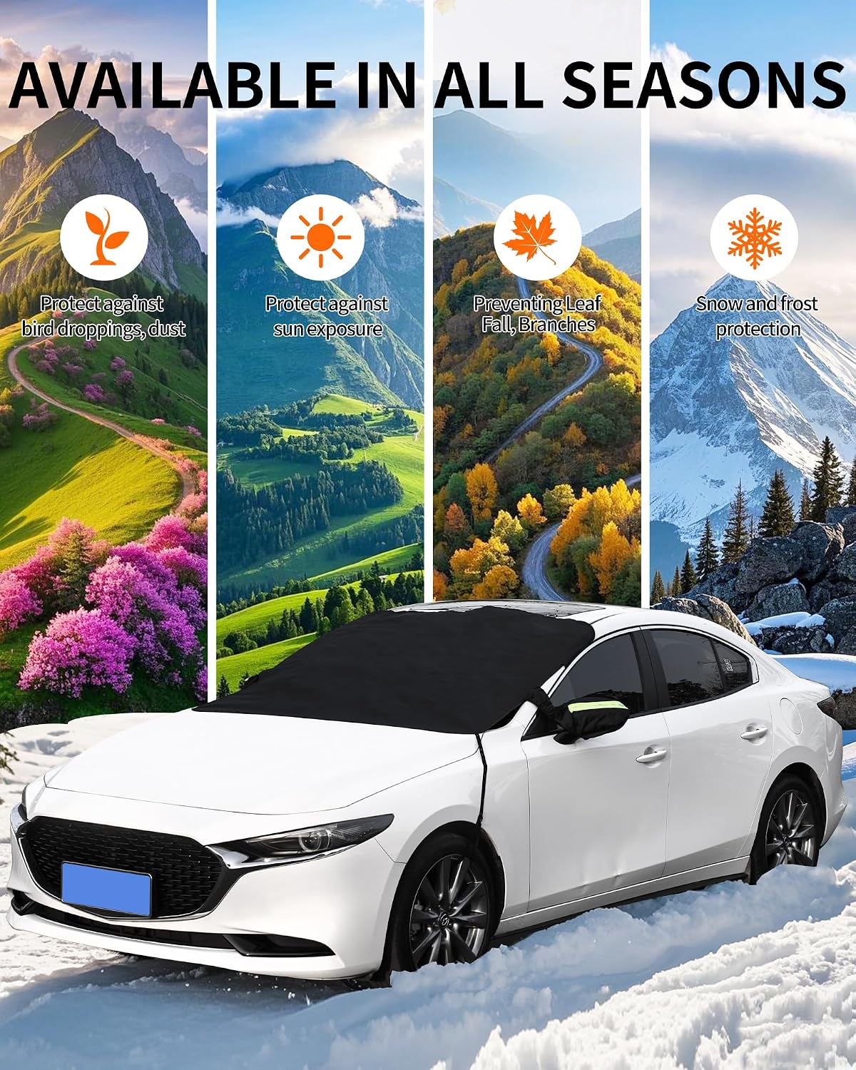 Windshield Snow Cover for Car, Waterproof Ice Shield with Elastic Straps, All Weather Frost Guard Fits Sedan SUV, Blocks Snow Rain Debris Leaves and Offers Sunshade Protection for Summer UV Heat